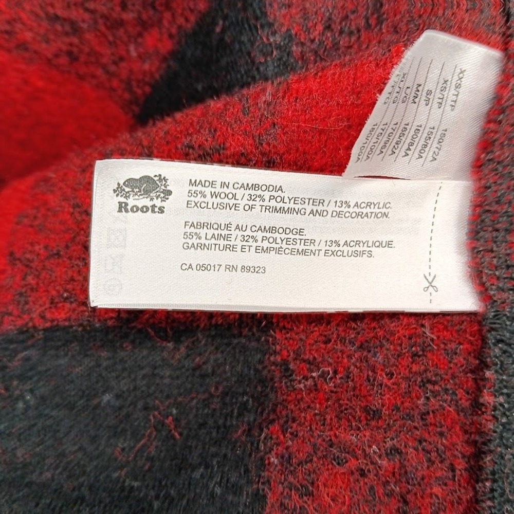 ROOTS Mens Red Black Buffalo Plaid Wool Blend Full Zip Jacket Chore coat Size S - Picture 4 of 8